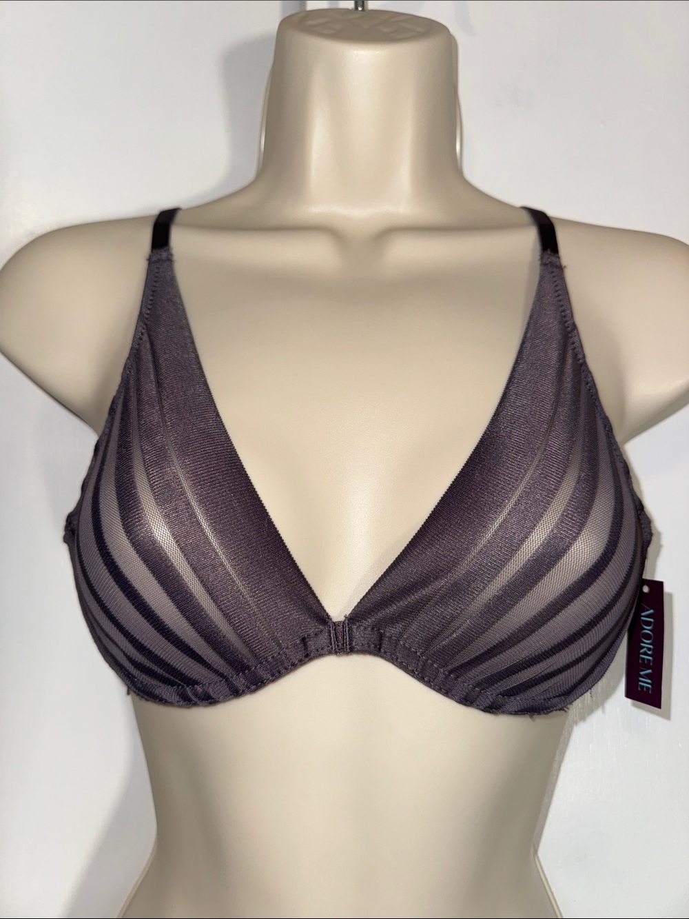 Adore Me Candice Unlined Bra Women’s 32B Grey Grey Sheer Mesh & Lace
